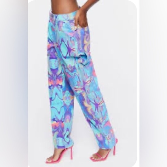 Blue Marble Swirl Trippy Utility Cargo Straight-Leg Pants Bottoms Jeans Sz S Y2K - Picture 2 of 8
